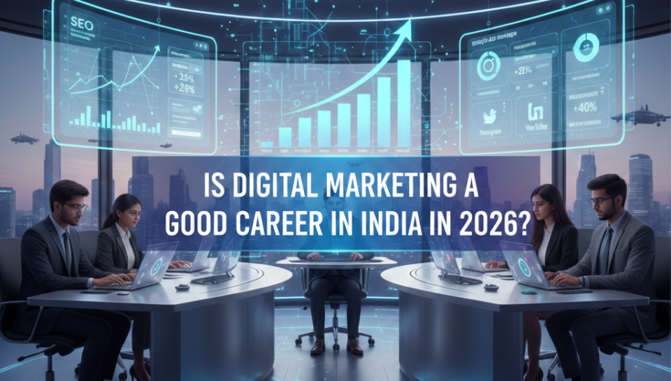 A futuristic illustration showing digital marketing growth, career opportunities, salary charts, and Indian professionals working on SEO, ads, and analytics in 2026.